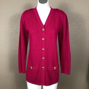 Petite San Remo 80's Magenta Sweater Cardigan Brass Buttons Shoulder Tab…